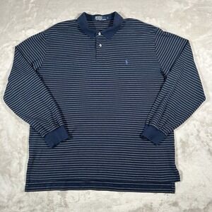 VTG 90's Polo Ralph Lauren Polo Shirt Men XL Navy Blue Striped Long Sleeve Rugby